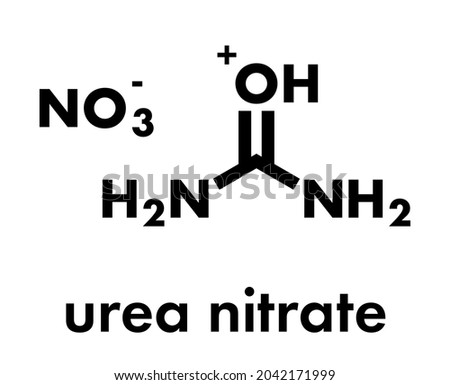 Urea nitrate high explosive molecule. Prepared by reacting urea with nitric acid and commonly used in improvised explosive devices (IEDs). Skeletal formula.