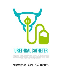 Urethral Catheter Inserted In Urethra. Thin Line Icon. Medical Equipment For Catheterization. Vector Illustration.