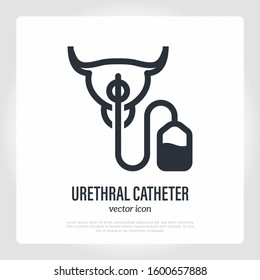Urethral catheter inserted in urethra. Thin line icon. Medical equipment for catheterization. Vector illustration.