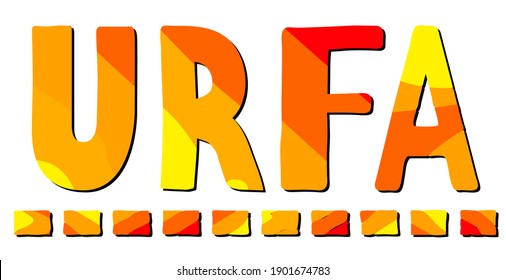 Urfa. Yellow-orange funny cartoon isolated inscription. Bright letters. Turkey Urfa for prints on clothing, t-shirt, banner, sticker, flyer, card, souvenir, ads. Stock vector picture.