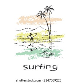 urfer on the beach, sea, palm trees, mountains. Sketch, freehand drawing with black outlines and colored stripes. Text - surfing. Vector illustration isolated on white background