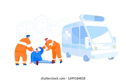 Urgency Ambulance Help, Paramedic Occupation, Road Crash. Rescuers Characters Wearing Orange Uniform Assisting First Aid to Injured Man Sitting on Ground on Street. Cartoon People Vector Illustration