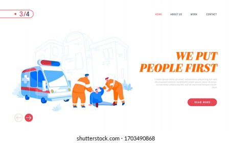 Urgency Ambulance Help, Paramedic Occupation, Road Crash Landing Page Template. Rescuers Characters Assisting First Aid to Injured Man Sitting on Ground on Street. Cartoon People Vector Illustration