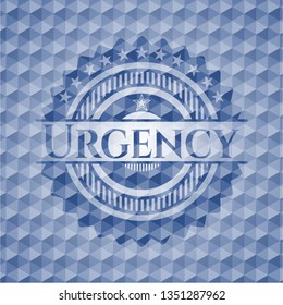 Urgency blue emblem with geometric background.