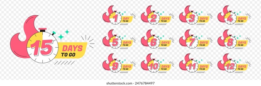 Urgency countdown timer number of day left. Sticker limited days to go isolated on transparent background. Last offer badges for promotion, big discount or hot final sale. Vector set numbers 1 to 12.