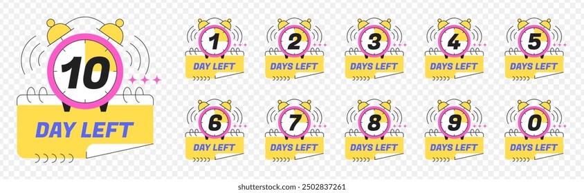 Urgency countdown timer number of day left. Sticker limited days to go isolated on transparent background. Last offer badges with alarm clock for promotion, hot sales. Vector set numbers from 1 to 10.