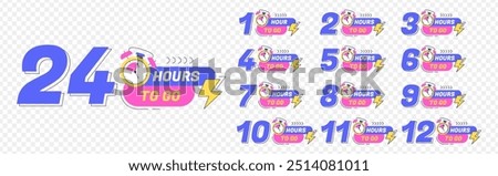 Urgency countdown timer number of day left. Last offer labels with alarm clock for big sales, promotions. Sticker limited days to go isolated on transparent background. Vector set numbers from 1 to 12