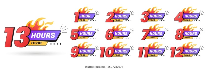 Urgency countdown timer numbers of day left. Sticker limited hours to go isolated on white background. Last offer badge with fire for promotion, discount, hot big sales. Vector set number from 1 to 13