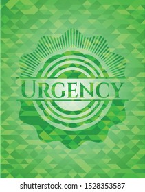 Urgency green emblem with triangle mosaic background. Vector Illustration. Detailed.
