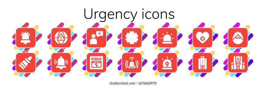 urgency icon set. 14 filled urgency icons.  Simple modern icons such as: Alarm, Nasal spray, Salesman, Earthquake, Clinic, Siren, Hospital, Forest fire