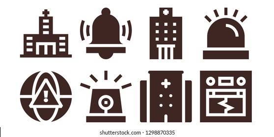  urgency icon set. 8 filled urgency icons. Simple modern icons about  - Alarm, Hospital, Siren, Earthquake