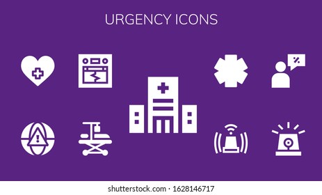 urgency icon set. 9 filled urgency icons. Included Hospital, Hospitalization, Earthquake, Alarm, Siren, Salesman, Clinic icons