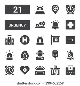 urgency icon set. Collection of 21 filled urgency icons included Hospital, Earthquake, Alarm, Saline, Salesman, Forest fire, Siren, Emergency, Ambulance lights