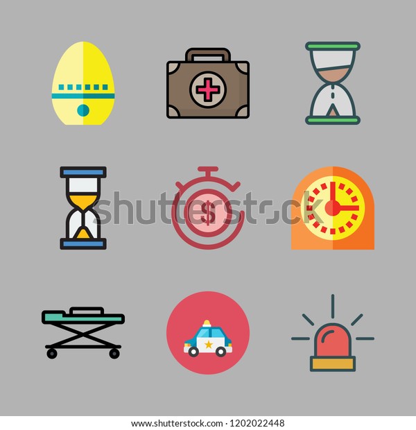 urgency icon set. vector set about siren,\
timer, police car and hourglass icons\
set.