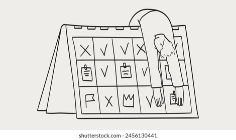 Urgency, overload or overworked man fail to manage or organize time or work process line doodle vector illustration. Workload and deadline concept. Employee put notes on flip desk calendar schedule.