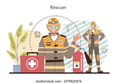 Urgency Rescuer Help. Ambulance Lifeguard In Uniform Assisting First Aid To Injured Person. Lifesaver On A Finding People Operation. Isolated Flat Vector Illustration