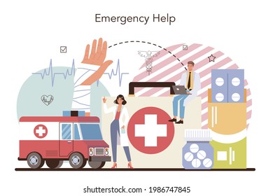 Urgency Rescuer Help. Ambulance Lifeguard In Uniform Assisting First Aid To Injured Person. Lifesaver On A Finding People Operation. Isolated Flat Vector Illustration