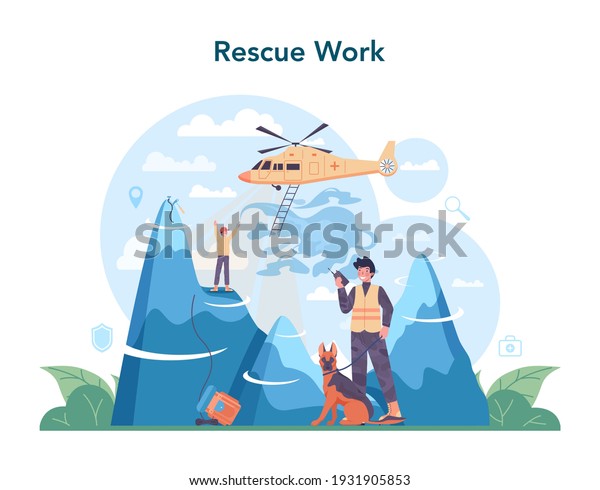 Urgency rescuer help. Ambulance lifeguard in\
uniform assisting first aid to injured person. Finding people\
operation. Isolated flat vector\
illustration