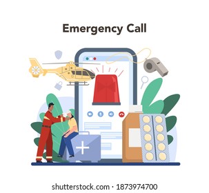 Urgency rescuer help online service or platform. Ambulance lifeguard in uniform assisting first aid to injured person. Online emergency call. Flat vector illustration