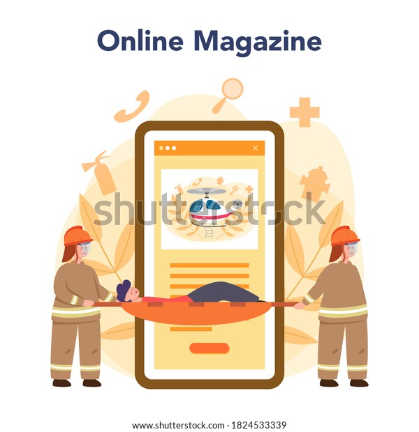 Urgency rescuer help online service\
or platform. Ambulance lifeguard in uniform assisting first aid to\
injured person. Online magazine. Vector\
illustration