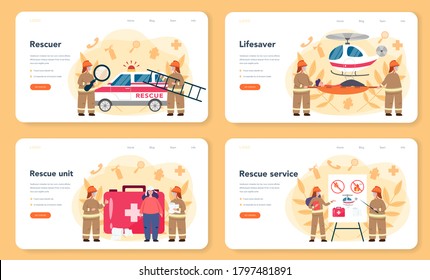 Urgency rescuer help web banner or landing page set. Ambulance lifeguard in uniform assisting first aid to injured person. Isolated flat vector illustration