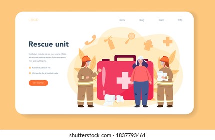Banner o página de inicio de ayuda de salvamento de urgencia. Salvavidas de ambulancia uniformados asistiendo primeros auxilios a heridos. Ilustración vectorial plana aislada