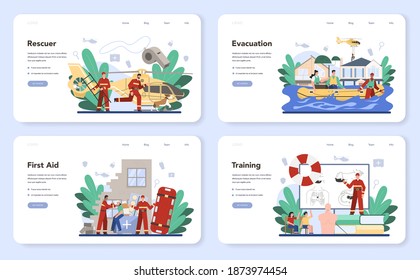 Notfallhilfe Hilfe Web-Banner oder Landing-Page Set. Rettungsschwimmer in einheitlicher Hilfe für die erste Hilfe für verletzte Personen. Einzelne flache Vektorgrafik
