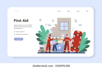 Urgency rescuer help web banner or landing page. Ambulance lifeguard in uniform assisting first aid to injured person. Isolated flat vector illustration