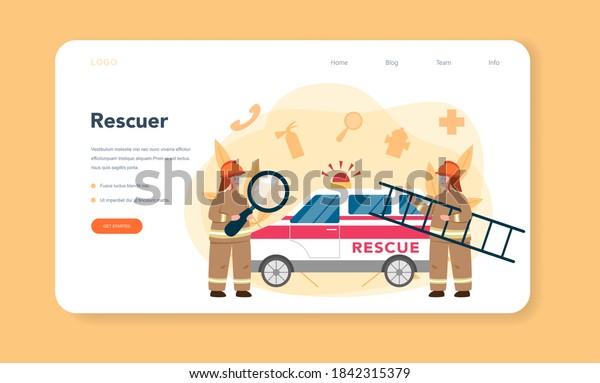 Urgency rescuer help web banner or landing\
page. Ambulance lifeguard in uniform assisting first aid to injured\
person. Isolated flat vector\
illustration