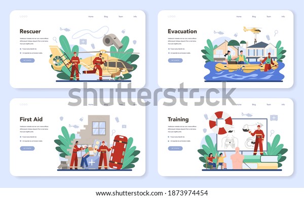 Urgency rescuer help web banner or landing\
page set. Ambulance lifeguard in uniform assisting first aid to\
injured person. Isolated flat vector\
illustration