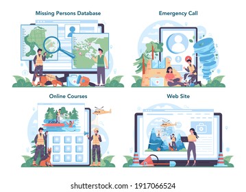 Urgency rescuer online service or platform set. Ambulance worker assisting first aid to injured person. Online course, emergency call, database, website. Isolated flat vector illustration