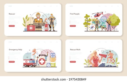 Urgency Rescuer Web Banner Or Landing Page Set. Ambulance Lifeguard In Uniform Assisting First Aid To Injured Person. Lifesaver On A Finding People Operation. Isolated Flat Vector Illustration