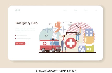 Urgency Rescuer Web Banner Or Landing Page. Ambulance Lifeguard In Uniform Assisting First Aid To Injured Person. Lifesaver On A Finding People Operation. Isolated Flat Vector Illustration