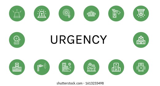 urgency simple icons set. Contains such icons as Emergency, Alarm, Fire hose, Fire extinguisher, Siren, Clinic, Hospital, can be used for web, mobile and logo