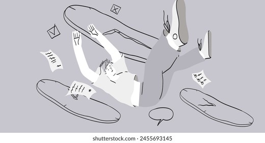 Urgency, stress or anxiety at office routine, overload or overworked man fall down running out of time. Time management vector illustration. Workload and aggressive deadline, exhaustion and burnout.