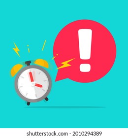 Urgency time to action important reminder caution exclamation message with alarm clock ringing with bubble speech vector flat cartoon, idea of wake up, expiration period attention alert icon