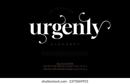 Urgenly premium luxury elegant alphabet letters and numbers. Elegant wedding typography classic serif font decorative vintage retro. Creative vector illustration