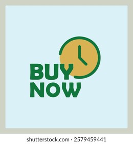 Urgent Buy Now Icon with Green Text and Clock Graphic on Light Blue Background