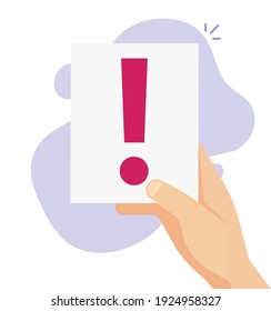 Urgent caution announcement attention notice in person hand or censored rude content exclamation mark vector flat cartoon illustration, important information note, complaint idea