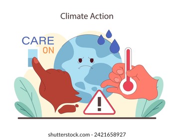 Urgent climate action embodied. Hands adjust the global thermostat, highlighting the need for environmental care. A call to temper the planet's fever. Flat vector illustration.