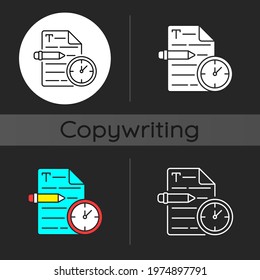 Urgent copywriting dark theme icon. Fast copywriting services. Time management on project. Writing commercial text. Linear white, simple glyph and RGB color styles. Isolated vector illustrations