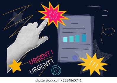 Urgent document, deadline, halftone collage. Fast execution of an important task. A woman's hand points to a watch and a paper document. Follow the instructions, running out of time. Vector 3d collage