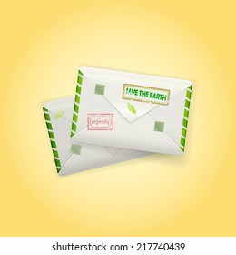 urgent  eco letter, save Earth,  green envelopes, Environment message,environmental Service, yellow background 