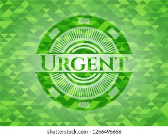 Urgent green emblem with triangle mosaic background