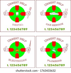 Urgent Help for auto services, dentist, electrician and plumber. Made in the form of a logo or symbols.
