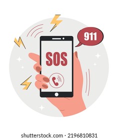 Urgent help concept. Hand holds smartphone with inscription sos. Character calls 911. Emergency help and support. Police, firemen and ambulance. People in danger. Cartoon flat vector illustration