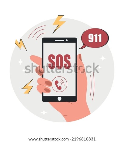 Urgent help concept. Hand holds smartphone with inscription sos. Character calls 911. Emergency help and support. Police, firemen and ambulance. People in danger. Cartoon flat vector illustration
