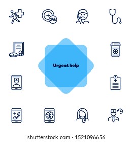 Urgent help line icon set. Patient, pills, prescription. Healthcare concept. Can be used for topics like medical assistance, first aid, consulting