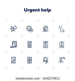 Urgent help line icon set. Patient, pills, prescription. Healthcare concept. Can be used for topics like medical assistance, first aid, consulting