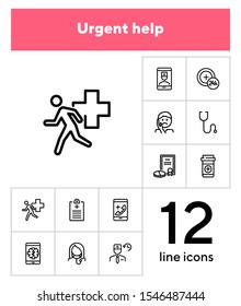 Urgent help line icon set. Patient, pills, prescription. Healthcare concept. Can be used for topics like medical assistance, first aid, consulting